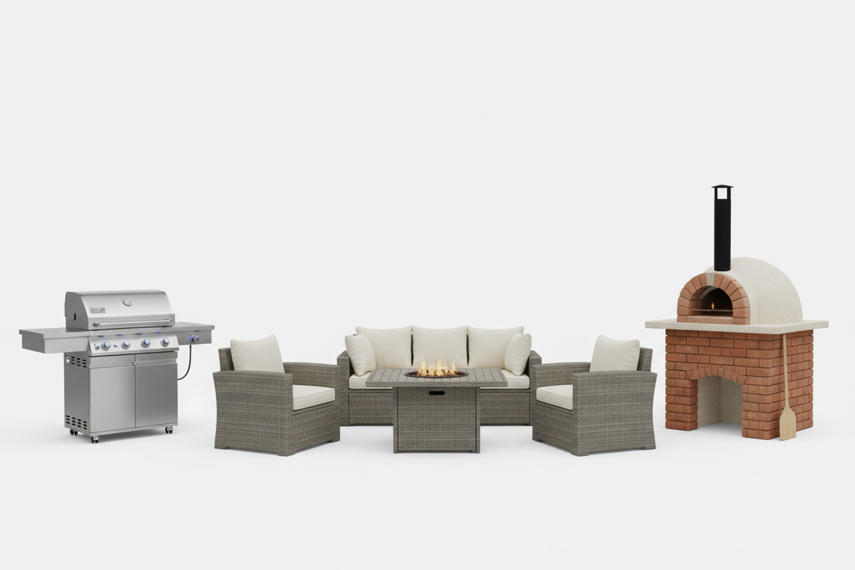 Side by side images of a grill, lawn furniture, and Pizza Oven